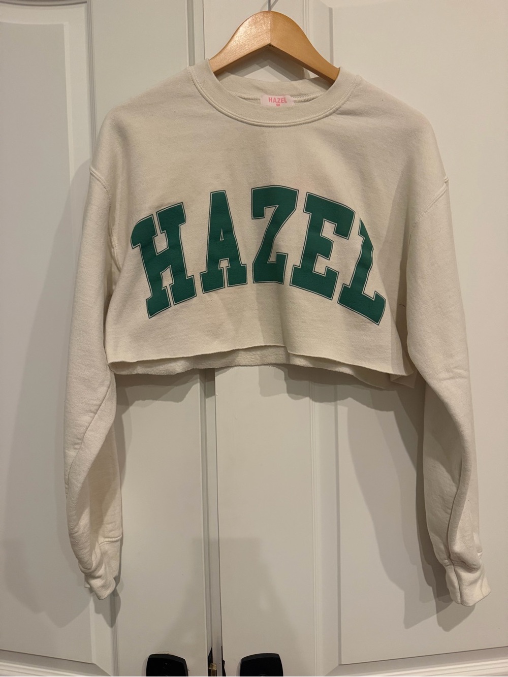 Hazel Boutique Cream Green Logo Cropped Crewneck Sweatshirt
